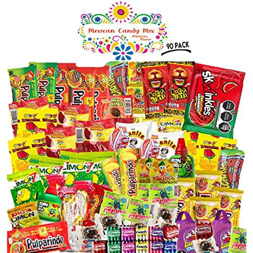 Mexican Candy Mix Assortment of Spicy, Sour and Sweet Premium Candies, Includes Luca, skwinkles, Pelon, Pulparindo, Pica Goma, Rellerindo, by Mexican Flavor., 90 Piece Set