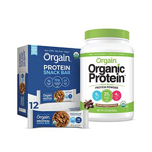 Orgain Bundle - Chocolate Protein Powder and Chocolate Chip Cookie Dough Protein Bars (12 Count) - Made without Gluten, Non-GMO