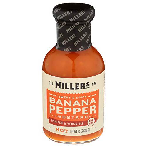 Miller’s Mustard- Red Mustard Banana Pepper Hot Sauce, Sweet Spicy Banana Pepper Sauce - Best Use for Chicken Wing, Burgers, Sandwich 9.5 OZ