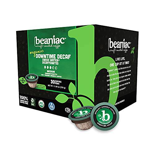 beaniac Organic Down Time Decaffeinated Medium Roast, Single Serve Coffee Pods, Arabica Coffee, Plant-Based, 30 Count