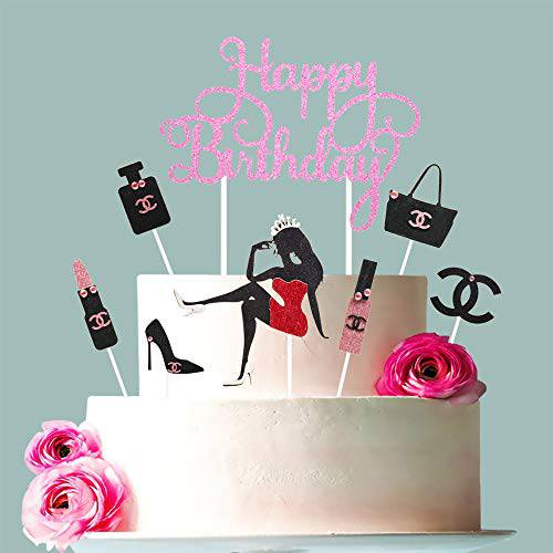 Yetxel-8-Piece Queen Happy Birthday Cake Topper Today is my birthday I am the Queen of the World Perfume Lipstick Diamond Bag Happy Birthday Cake Topper Set