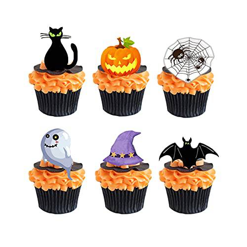 Halloween Edible Cupcake Toppers Pumpkin Ghost Bat Black Cat - Pre-cut Wafer Paper Cake Decorations，36pcs