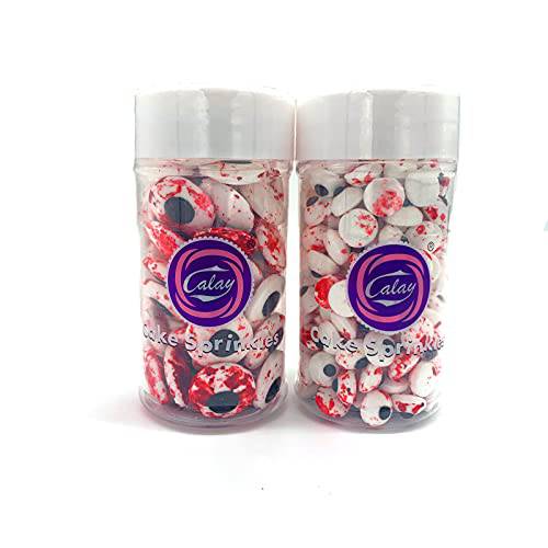 Weraru 2 Bottle Candy Bloody Red Eyeballs Eye Ball Sweets Cake Cupcake Toppers Cookie Dessert Sprinkles Decorations for Christmas Halloween Birthday Party Supplies 6.8 Ounce(Two Size Mixed)