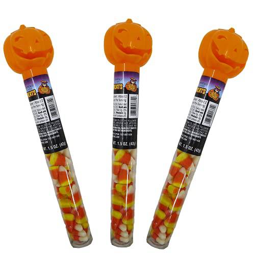 Halloween Candy Corn Tubes with Pumpkin Head Toppers, Cute Party Favors Goody Bag Fillers, Classroom Treat Exchange, Classic Fall Flavored Candies, Pack of 3