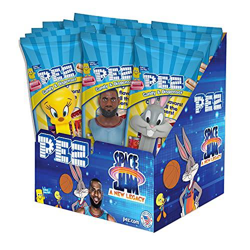 PEZ Space Jam Individually Wrapped Dispensers, Each With Two Candy Refills, Assorted Fruit, 12 Count