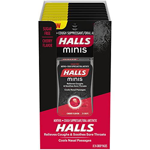 Halls Minis Cherry Flavor Sugar Free Cough Drops, 8 Packs of 24 Drops (192 Drops Total)