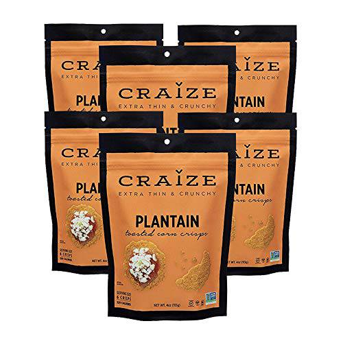 Craize Extra Thin & Crunchy Toasted Corn Crisps Plantain Flavor Healthy Vegan All Natural Plant Based Crackers Non GMO Snack Gluten Free 6 Pack, 4 Ounces Each