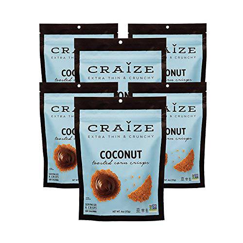 Craize Extra Thin & Crunchy Toasted Corn Crisps Coconut Flavor Healthy Vegan All Natural Plant Based Crackers Non GMO Snack Gluten Free 6 Pack, 4 Ounces Each