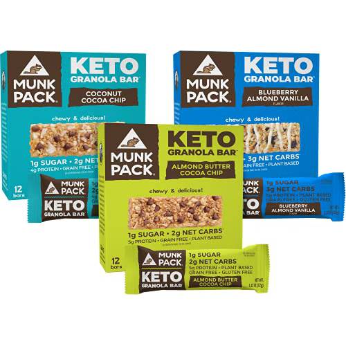 Munk Pack Keto Granola Bar Bundle, 3 Flavors, 36 Packs, Coconut Cocoa Chip, Almond Butter Cocoa Chip, Blueberry Almond Vanilla, 1g Sugar, 2-3g Net Carbs, Grain Free, Plant Based, Gluten Free, Soy Free