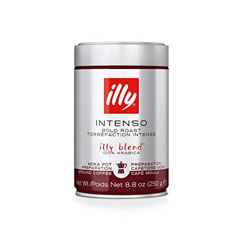 illy Intenso Ground Moka Coffee, Bold Roast, Intense, Robust and Full Flavored With Notes of Deep Cocoa, 100% Arabica Coffee, No Preservatives, 8.8 Ounce Can (Pack of 6)