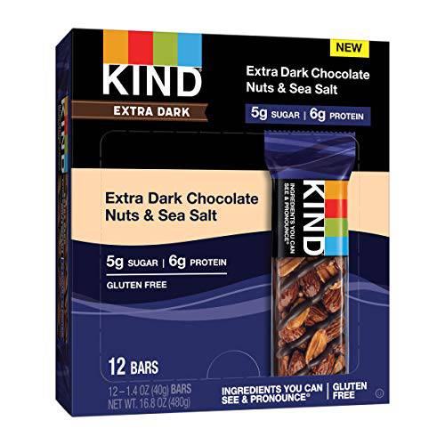 KIND Nut Bars, Extra Dark Chocolate Nuts and Sea Salt, 1.4 Ounce, 60 Count, Gluten Free, 5g Sugar, 6g Protein