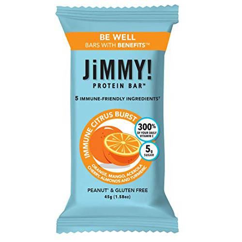 JiMMY Protein Bar, Citrus Blast, Immune Support, 12 Count - Energy Bar with Immune System Fortifying Ingredients: Vitamin C, Turmeric, Orange, Mango, Acerola Cherry and Almonds