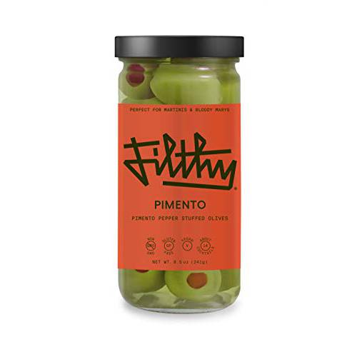 Filthy Pimento Stuffed Olives – Premium Cocktail Garnish - Non-GMO, Vegan & Gluten Free - 8.5oz Jar, 14 Pimento Olives.