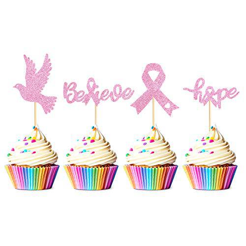 Ercadio 36 Pack Glitter Breast Cancer Awareness Cupcake Toppers Assembled Dove Believe Hope Cupcake Picks Pink Ribbon Party Cake Decorations Supplies