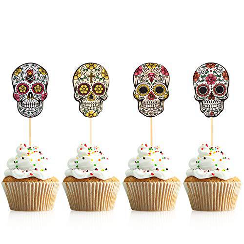 Donoter 48 Pieces Day of the Dead Sugar Skull Cupcake Toppers Dia De Los Muertos Cake Picks for Halloween Party Table Decorations