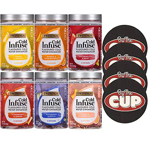 Twinings Cold Infuse Variety, 6 Flavor (Pack of 6) with By The Cup Coasters