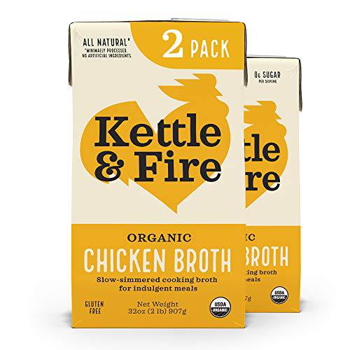 Kettle and Fire Organic Chicken Broth, Keto, Paleo, and Whole 30 Approved, Gluten Free, High in Protein and Collagen, 2 Pack (32 Ounces)