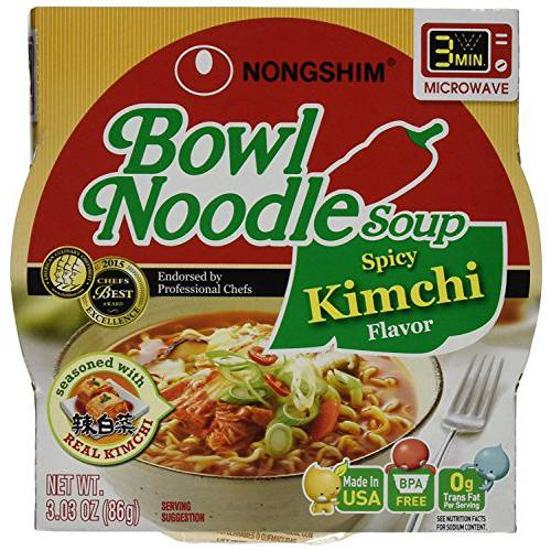 Nongshim Bowl Noodle Soup, Spicy Kimchi, 3.03 Ounce (Pack of 18)