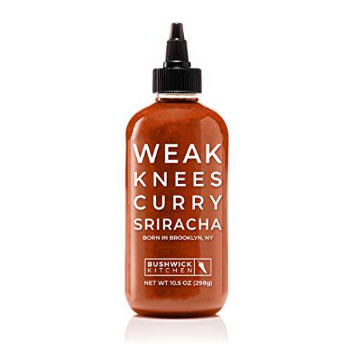 Weak Knees Curry Sriracha Hot Sauce | 10.5 Ounce Easy Squeeze Bottle | Classic Sriracha mixed with Korean Gochujang Chili Paste infused with Curry Spices | Foodie Gifts, Hot Sauce Gifts, Unique Gifts