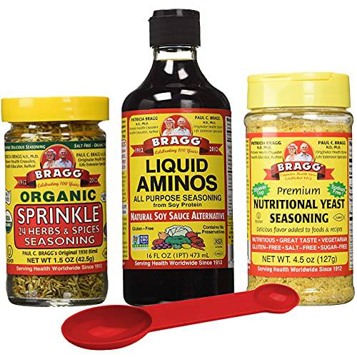 Bragg’s Organic Kitchen Variety Pack: Bragg Organic Liquid Aminos 16 oz + Bragg’s Sprinkle Seasoning Blend - 24 Herb & Spices, 1.5 Oz + Bragg’s Nutrional Yeast Supplement, 4.5 Oz