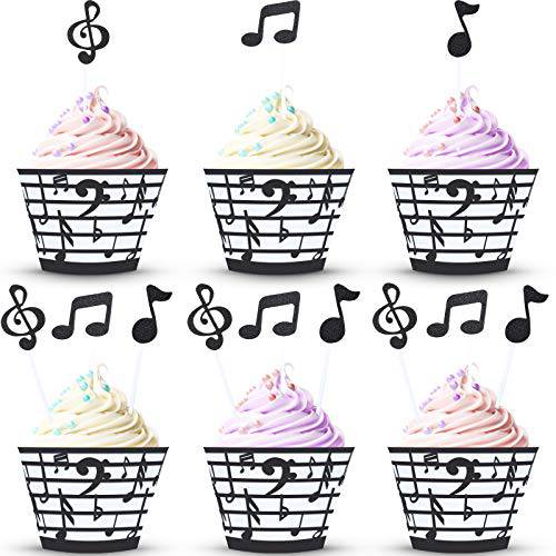 48 Pieces Music Note Cupcake Toppers and Wrappers Musical Symbol Lace Cupcake Liners Paper Baking Cup and Food Picks Toothpicks for Birthday Cake Decorations Wedding Party Favors Supplies