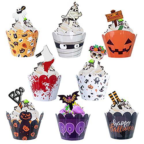 48 Pieces Halloween Cupcake Toppers Cupcake Wrappers Kit Cake Decoration for Halloween Party Kitchen Cupcake Baking, 8 Styles
