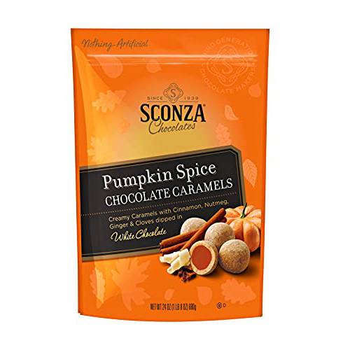 Sconza White Chocolate & Pumpkin Spice Caramels | Warm Pumpkin Spice Flavored Caramel Coated in White Chocolate | Pack of 1 (24 Ounce)