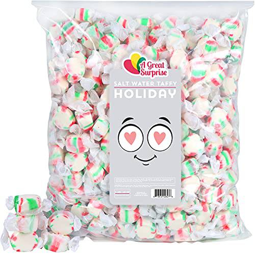 Peppermint Saltwater Taffies - Mint Taffies - Bulk Taffy Candy - Red, Green and White Wrapped Candies - 3 Pounds
