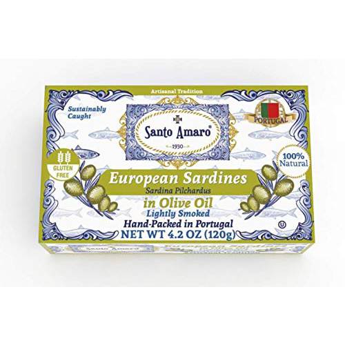 SANTO AMARO European Wild Sardines in Virgin Olive Oil (12 Pack, 120g Each) Lightly Smoked 100% Natural - Wild Caught - GMO Free - Gluten Free - Hand Packed in PORTUGAL Keto Paleo (12)
