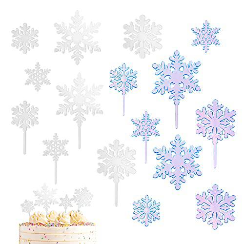 16PCS Snowflakes Cake Toppers Frozen Cake Toppers Frozen Birthday Party Supplies Snowflake Decorations White Party Snow White Cake Topper Set for Christmas Winter Theme Birthday Party ( White & Blue )