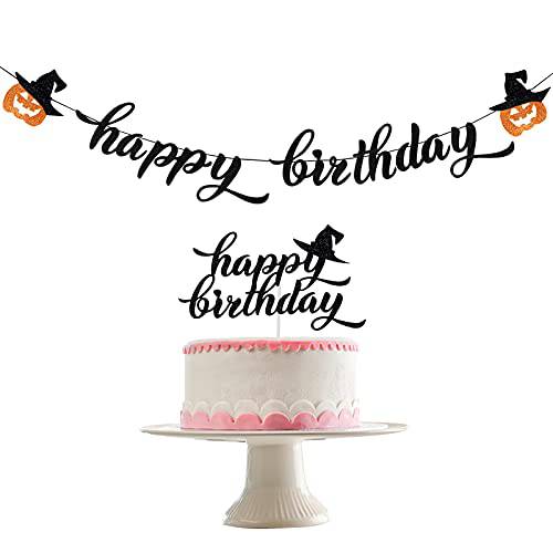 Black Halloween Birthday Decorations- Black Glitter Halloween Happy Birthday Banner and Black Glitter Happy Birthday Cake Topper,Halloween Birthday Cake Topper