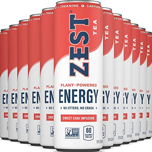 Zest Plant Powered Natural Energy Sparkling Drink - Sweet Chai Infusion - 150mg Caffeine + 100 mg L-Theanine - 12oz Can 12 Pack - Low Sugar, 60 Cals, Healthy Coffee Substitute, Non GMO High Caff Blend