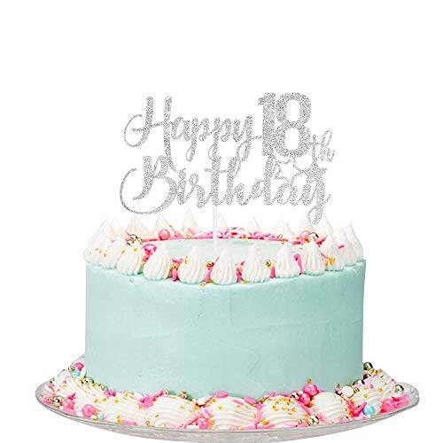 Silver Glitter Happy 18th Birthday Cake Topper - 18th Birthday Cake Topper, 18th Birthday Party Decoration