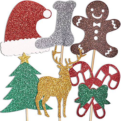 PartyWoo Christmas Cupcake Toppers, 48 pcs Glitter Christmas Cake Decorations, Santa Claus Reindeer Christmas Tree Cupcake Topper, 4.5” Christmas Cake Topper for Holiday Xmas Party, Cake Topper Picks