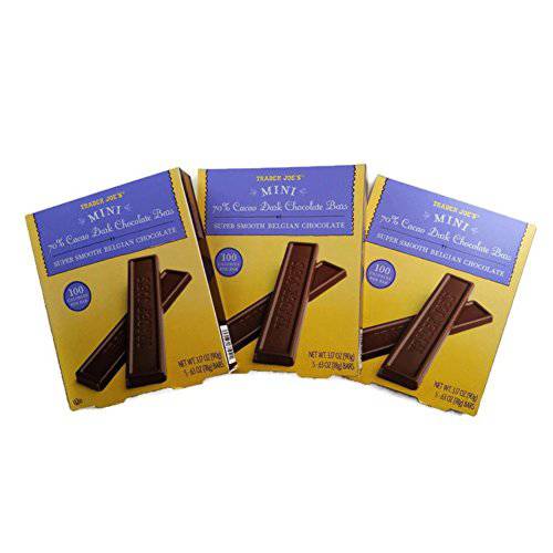 Trader Joe’s Mini 70% Cacao Dark Chocolate Bars. Super Smooth Belgian Chocolate. 100 Calories Per Bar. Bundle of 3 Boxes. Each Box Is 3.17 Oz.