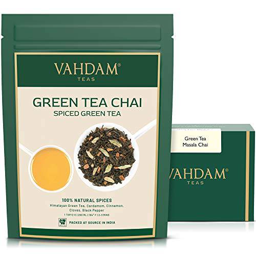 Green Tea Masala Chai Tea Loose Leaf - (50 Cups), 3.53oz - Perfect Blend of Natural Green Tea Leaves, Cinnamon, Cardamom, Cloves & Black Pepper - Traditional Green Spiced Chai Tea Recipe