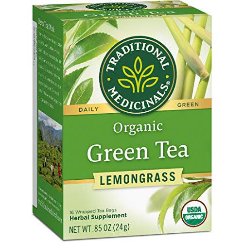 Traditional Medicinals Organic Green Tea, Mildly Invigorating, 16, Lemongrass,16 Count (Pack of 6)