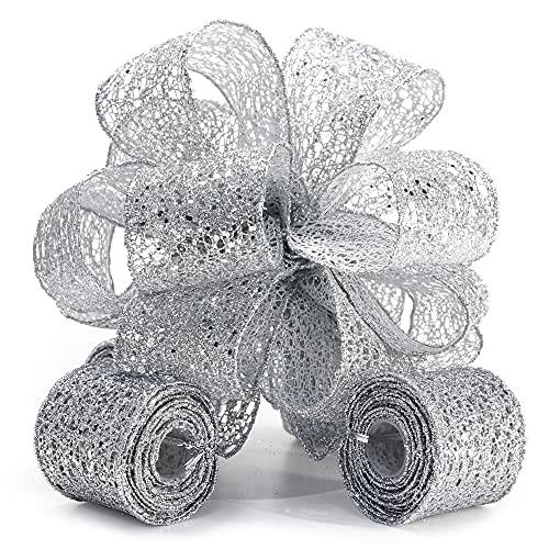 CT CRAFT LLC Christmas Tree Topper Bow - Bow: 11 sq. - Tails: 3 Yards Long Each - Silver Glitter Mesh