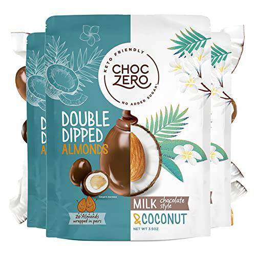ChocZero’s Keto Chocolate Covered Almonds - Milk Chocolate Coconut - Roasted Almonds Dipped in Sugar Free Candy - Low Carb Healthy Snack (3.5oz each, 3 bags)