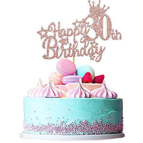 Ufocusmi 30th Birthday Decorations for Women, Glitter Rose Gold Happy 30th Birthday Cake Topper, 5.9x4.75 inch