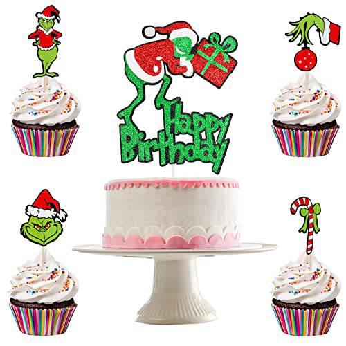 24Pcs Grinch Christmas Cupcake Toppers Red Green and Christmas Happy Birthday Cake Topper, Grinch Christmas Food Fruit Picks for Grinch Party Dessert Decoration, Grinch Birthday Cake Decor