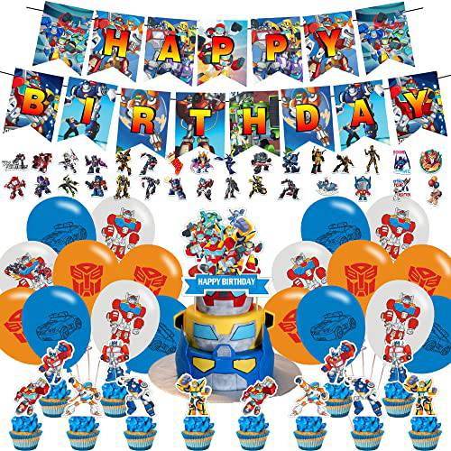 Trans_formers Rescue Bots Party Decorations,Birthday Party Supplies For Rescue Bots Party Supplies Includes Banner - Cake Topper - 12 Cupcake Toppers - 18 Balloons - 50 Rescue Bots Stickers