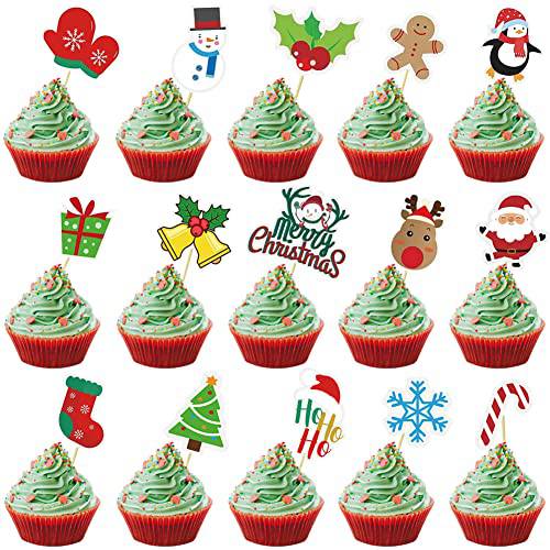 30 Pcs Christmas Cupcake Toppers Toothpicks Picks Flags, Cupcake Decorating Kit, 2022 Happy New Year Cupcake Cake Toppers, 15 Patterns Include Santa Claus Snowman Reindeer Penguin Snowflake Gingerbread Candy Canes Etc.