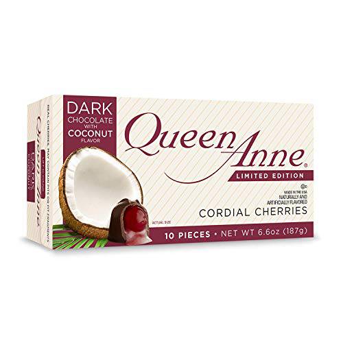 Queen Anne (1) Box Dark Chocolate with Coconut Flavor Cordial Cherries Holiday Candy - 10 Pieces per Box - Net Wt. 6.6 oz