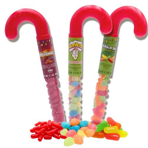 Assorted Chewy Candies in Candy Cane Clear Packaging, Holiday Treats for Party Favors and Prize Items, Novelty Christmas Stocking Stuffer Gifts, Pack of 3, 1.7 Ounces