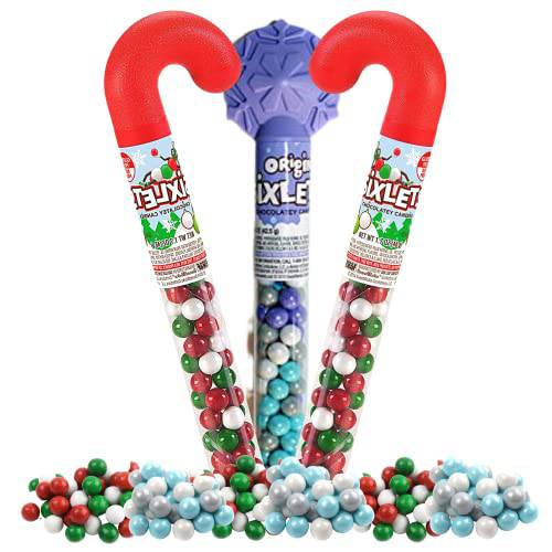 Candy Coated Small Chocolate Candies in Candy Cane and Snowflake Packaging, Holiday Treats Stocking Stuffers and Prize Items, Novelty Christmas Party Favors, Pack of 3, 1.5 Ounces