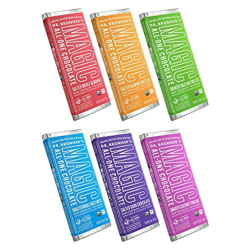 Dr. Bronner’s - Magic All-One Variety Chocolate: Salted Whole Almonds, Salted Almond Butter, Crunchy Hazelnut Butter, Roasted Whole Hazelnuts, Salted Dark Chocolate, Smooth Coconut Praline | 6 Count