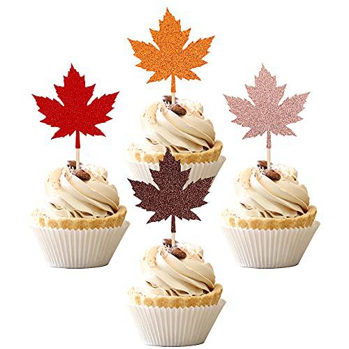 36 PCS Glitter Maple Leaf Cupcake Toppers Fall Theme Cupcake Picks Fall Harvest Thanksgiving Party Cake Decorations Supplies Mixed Colors