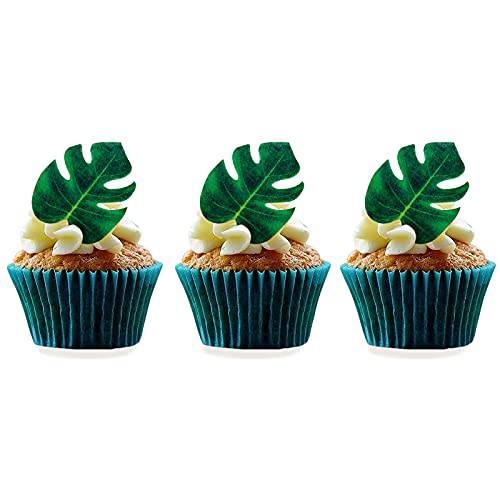 48pcs Edible Tropical Turtle Leaves Cupcake Toppers, CGHCEAI Palm Leaves Cake Decoration For Hawaii Theme Jungle Party Cake Toppers Birthday Party Supplies