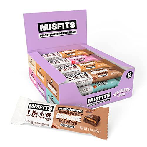 Misfits Vegan Protein Bar, Variety Case, Plant Based Chocolate Protein Bars, High Protein Snacks with 15g Per Bar, Low Sugar, Low Carb, Gluten Free, Dairy Free, High Fiber, Non GMO, 6 Flavor 12 Pack